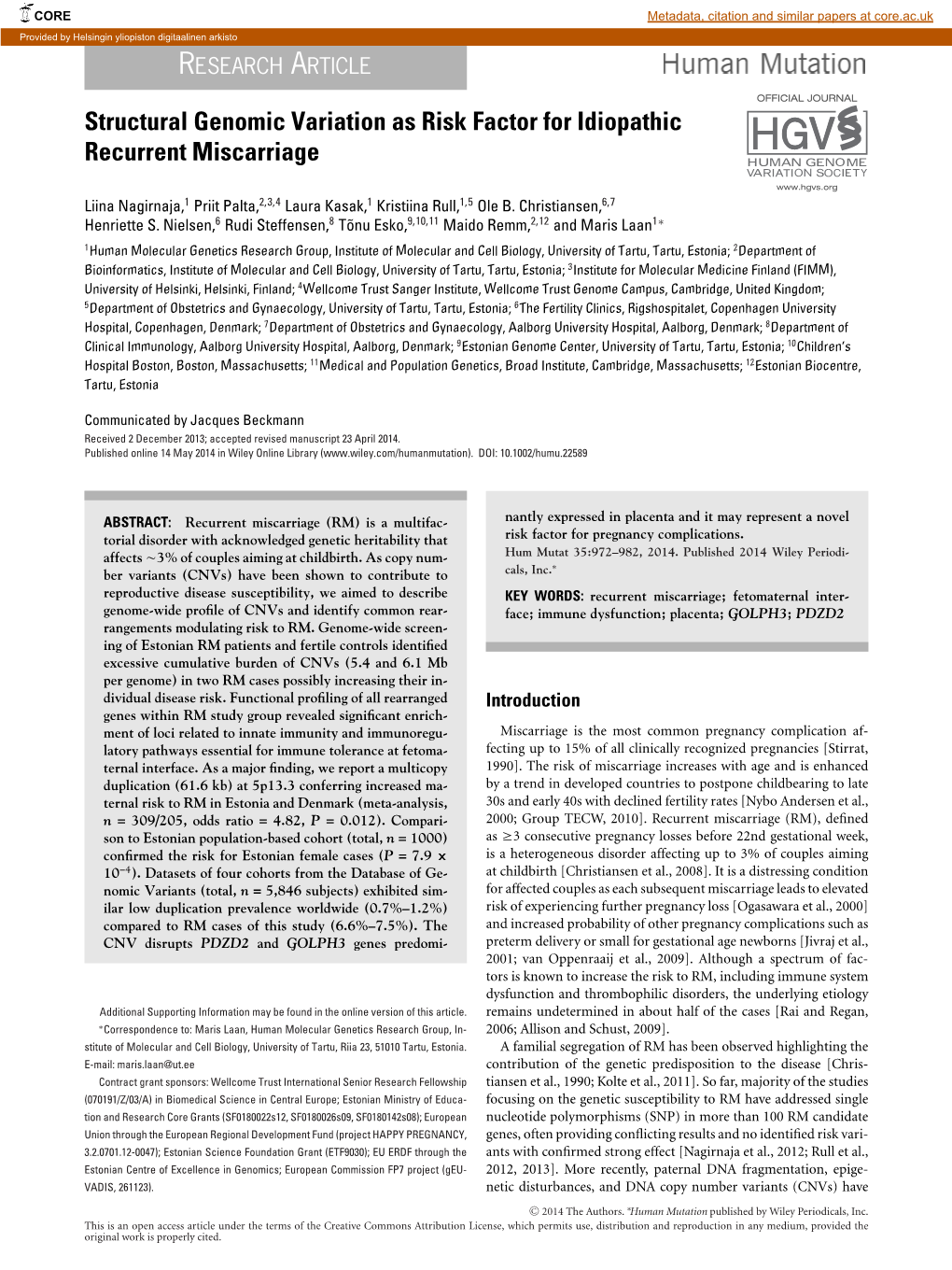 Structural Genomic Variation As Risk Factor for Idiopathic Recurrent Miscarriage