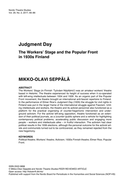 Judgment Day the Workers’ Stage and the Popular Front in 1930S Finland