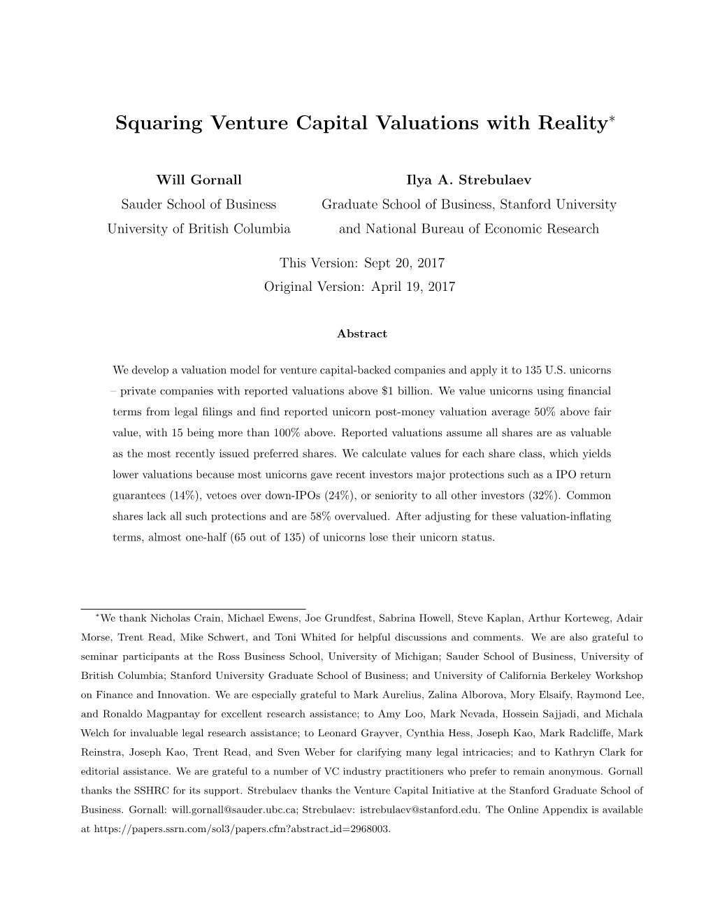 Squaring Venture Capital Valuations with Reality∗