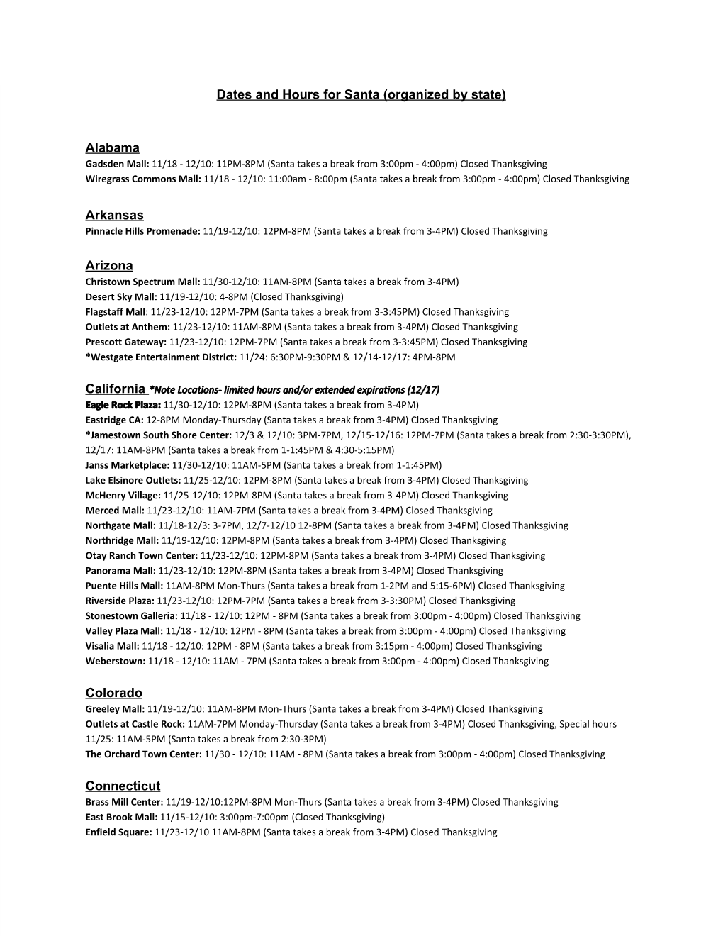 Dates and Hours for Santa (Organized by State)