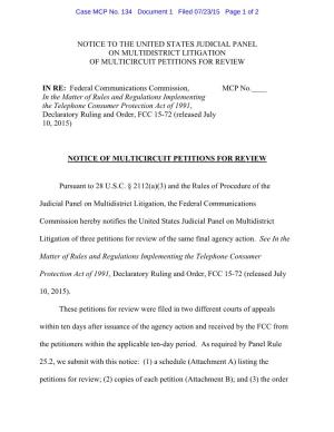 Notice to the United States Judicial Panel on Multidistrict Litigation of Multicircuit Petitions for Review