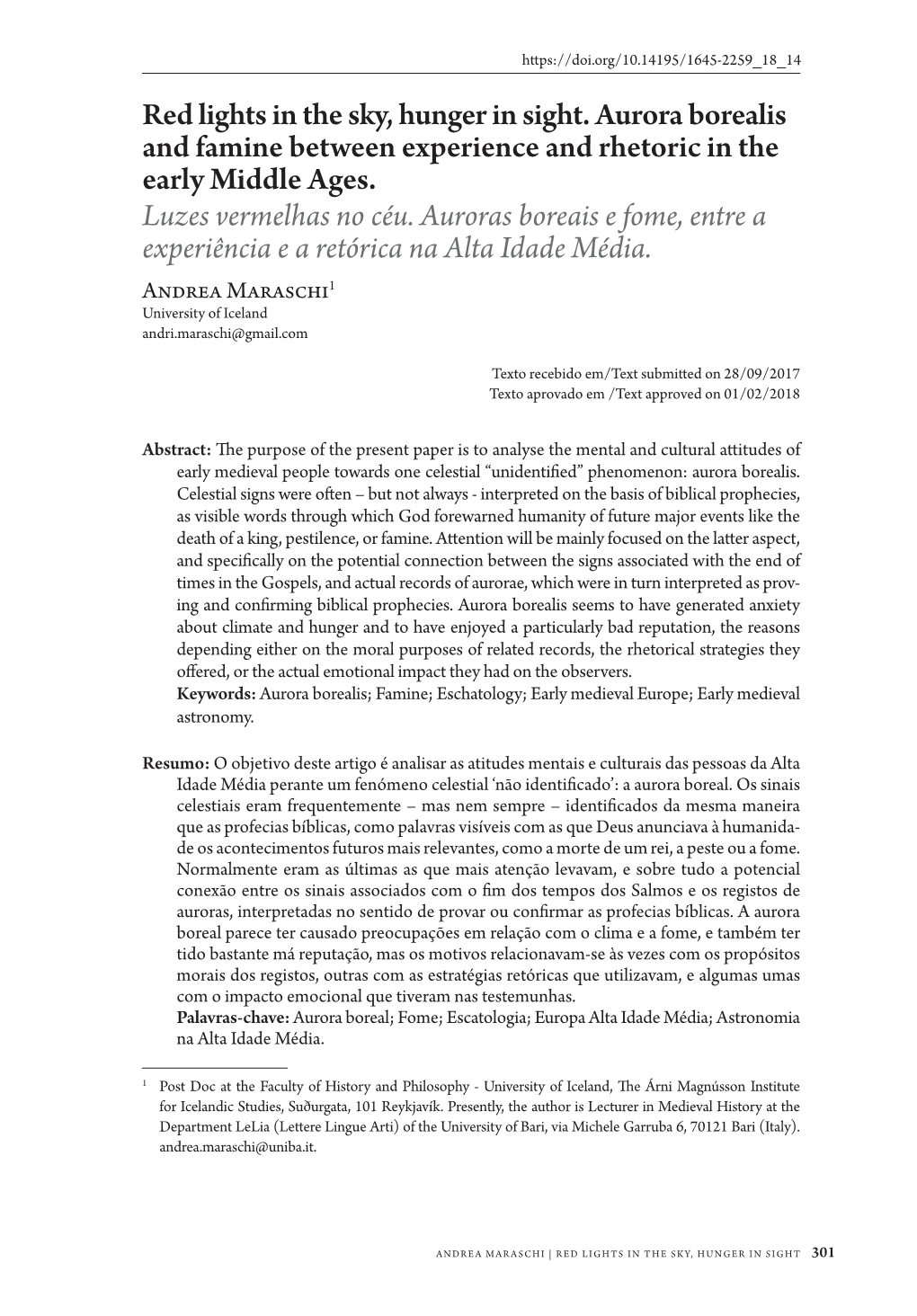 Red Lights in the Sky, Hunger in Sight. Aurora Borealis and Famine Between Experience and Rhetoric in the Early Middle Ages