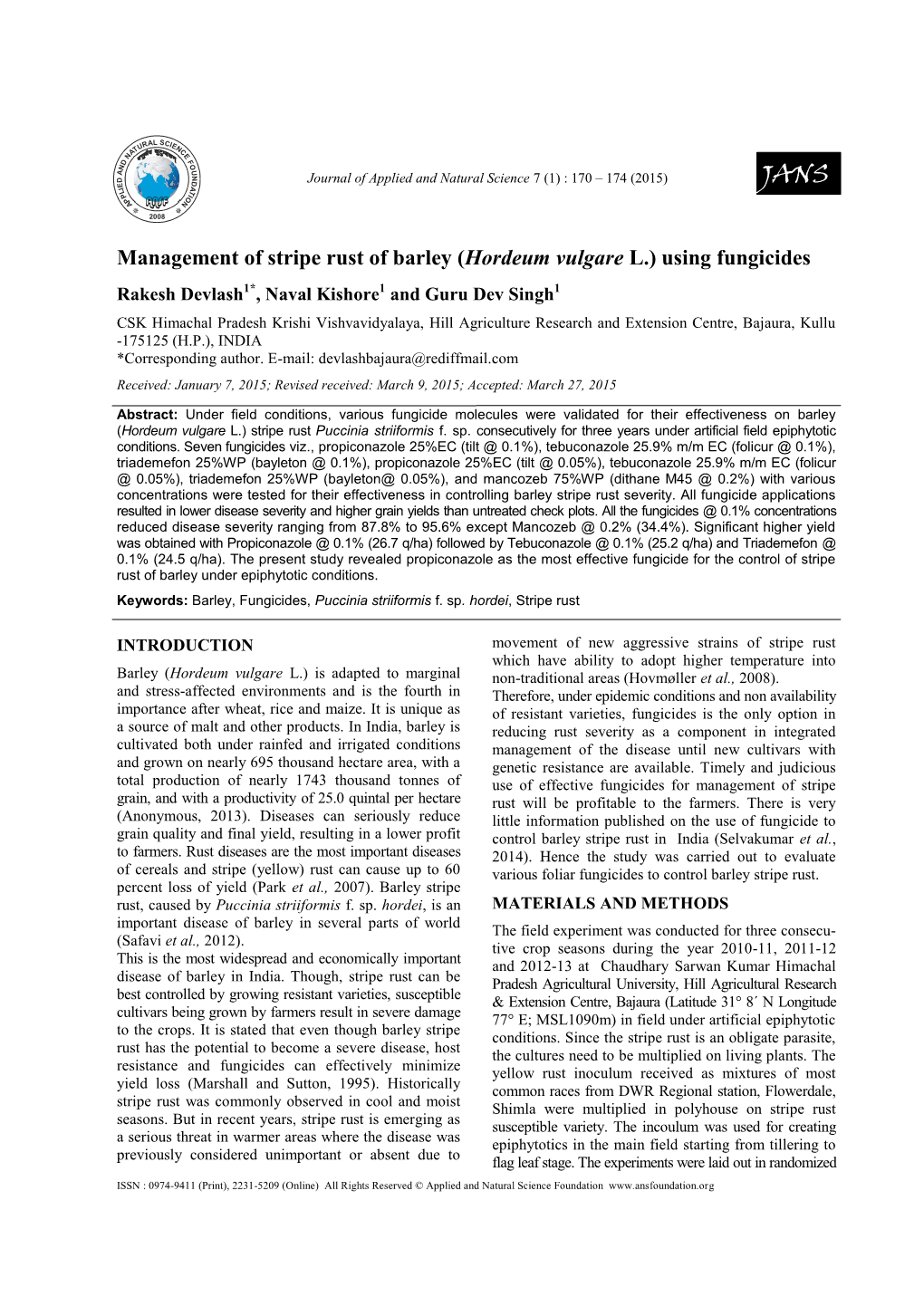 Management of Stripe Rust of Barley