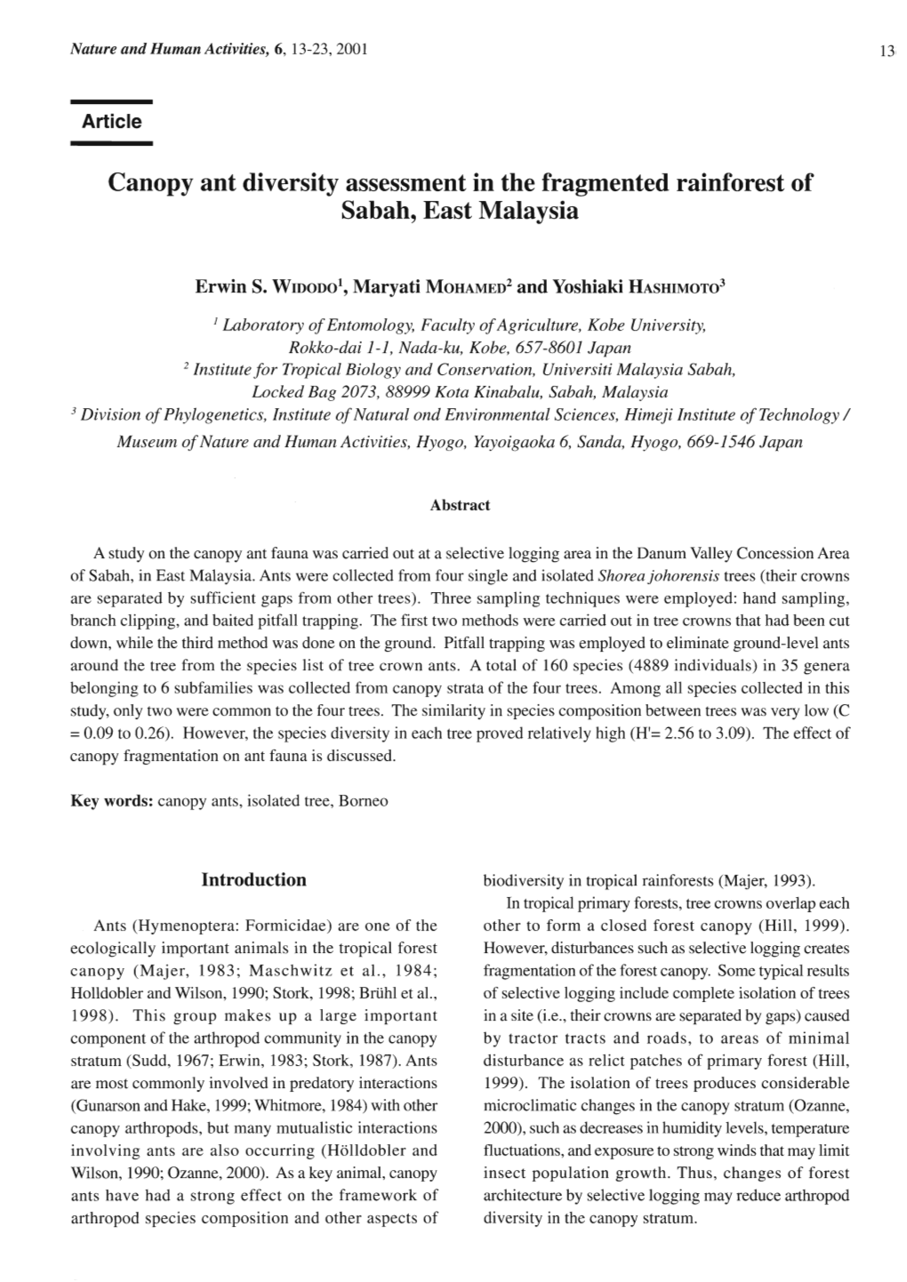 Canopy Ant Diversity Assessment in the Fragmented Rainforest Of