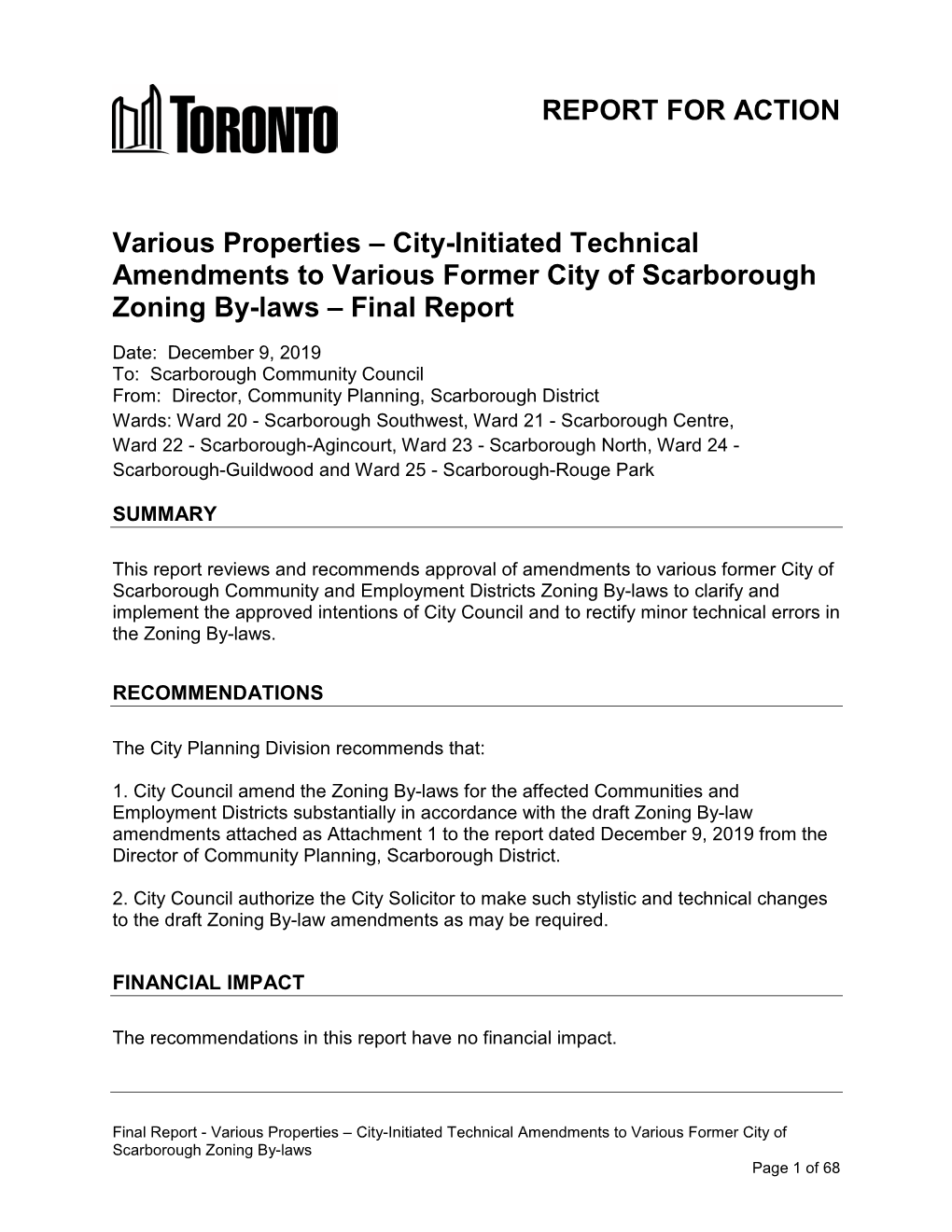 City-Initiated Technical Amendments to Various Former City of Scarborough Zoning By-Laws – Final Report