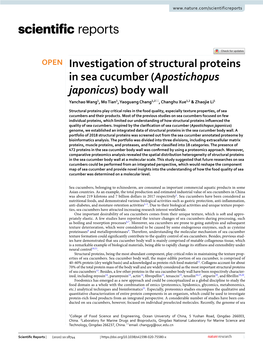 Investigation of Structural Proteins in Sea Cucumber (Apostichopus Japonicus) Body Wall Yanchao Wang1, Mo Tian1, Yaoguang Chang1,2*, Changhu Xue1,2 & Zhaojie Li1