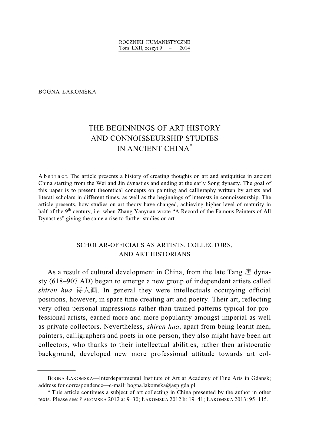 The Beginnings of Art History and Connoisseurship Studies in Ancient China*