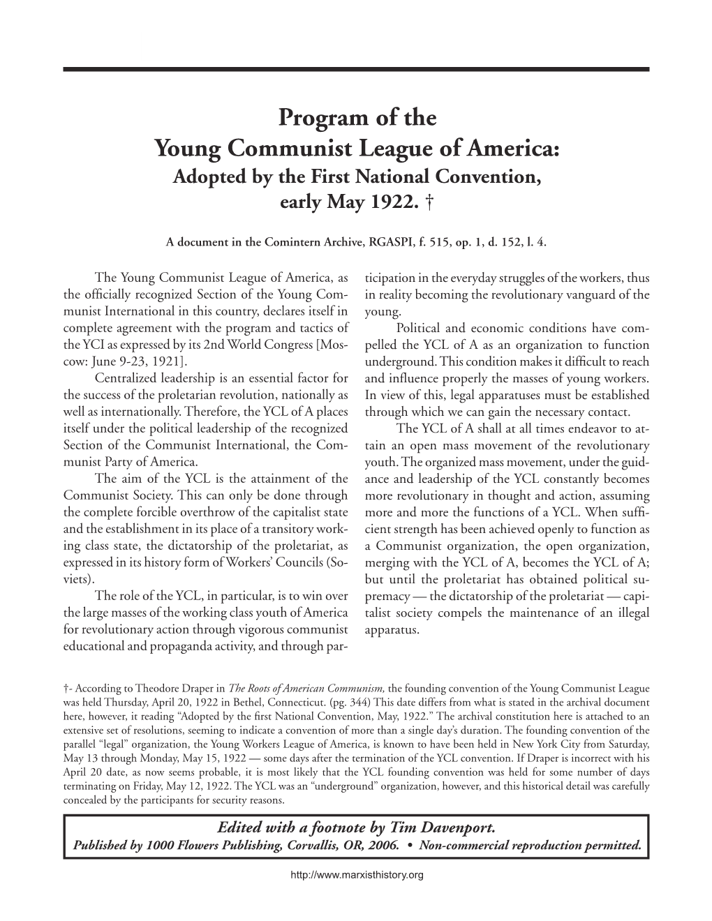 Program of the Young Communist League of America: Adopted by the First National Convention, Early May 1922