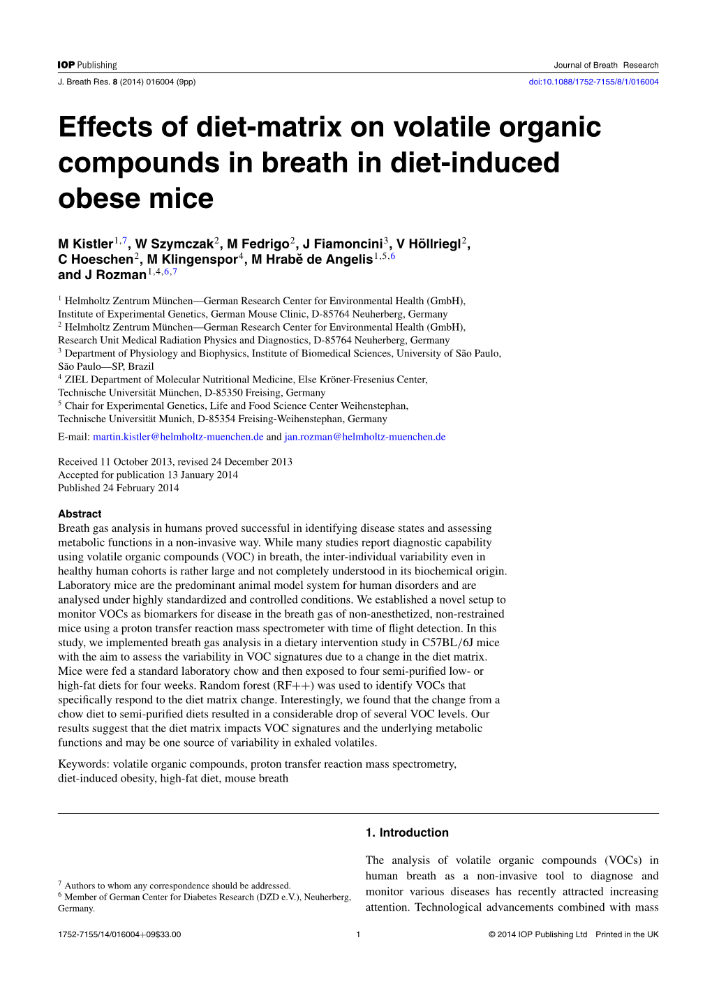 Effects of Diet-Matrix on Volatile Organic Compounds in Breath in Diet-Induced Obese Mice