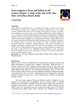 Socio-Religious Reform and Sufism in 20Th Century Bengal: a Study of the Role of Pir Abu Bakr of Furfura Sharif, India