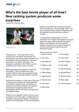 Who's the Best Tennis Player of All Time? New Ranking System Produces Some Surprises 1 March 2011, by Erin White