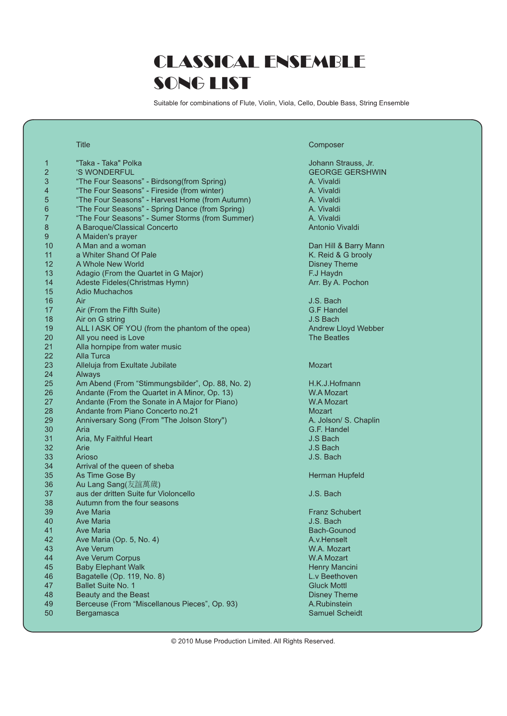 Classical Ensemble Song List