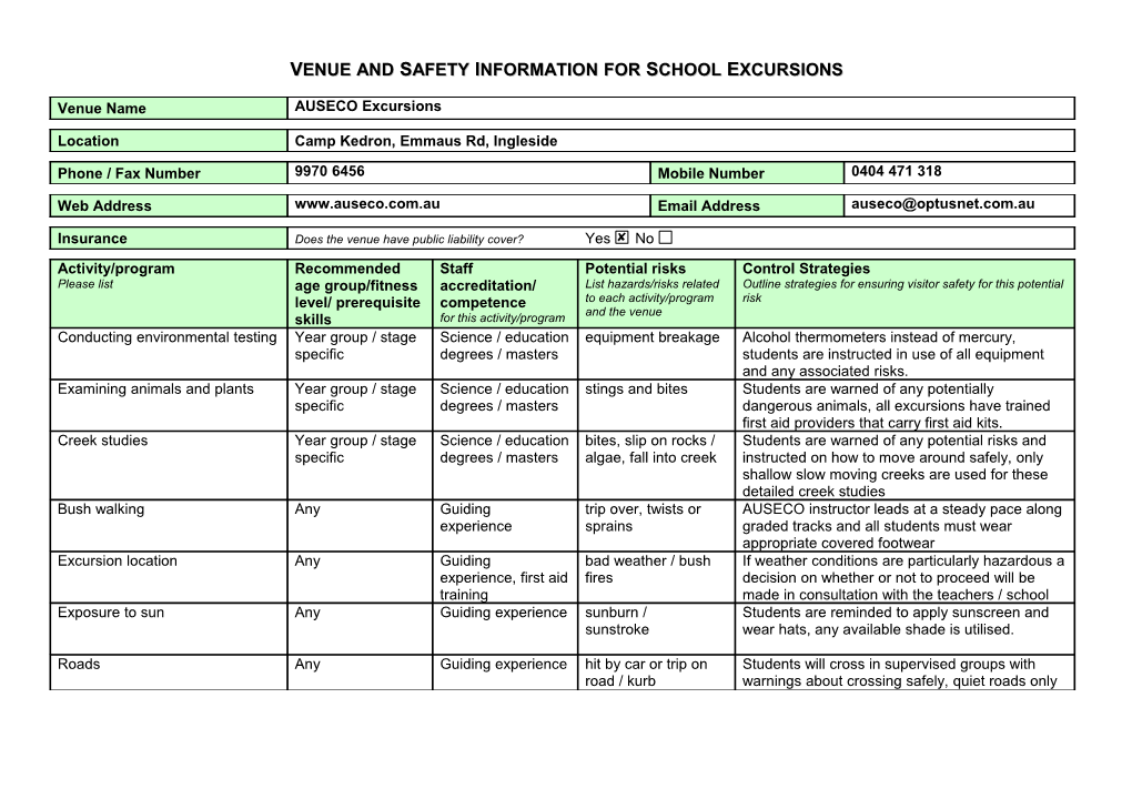 Venue and Safety Information for School Excursions