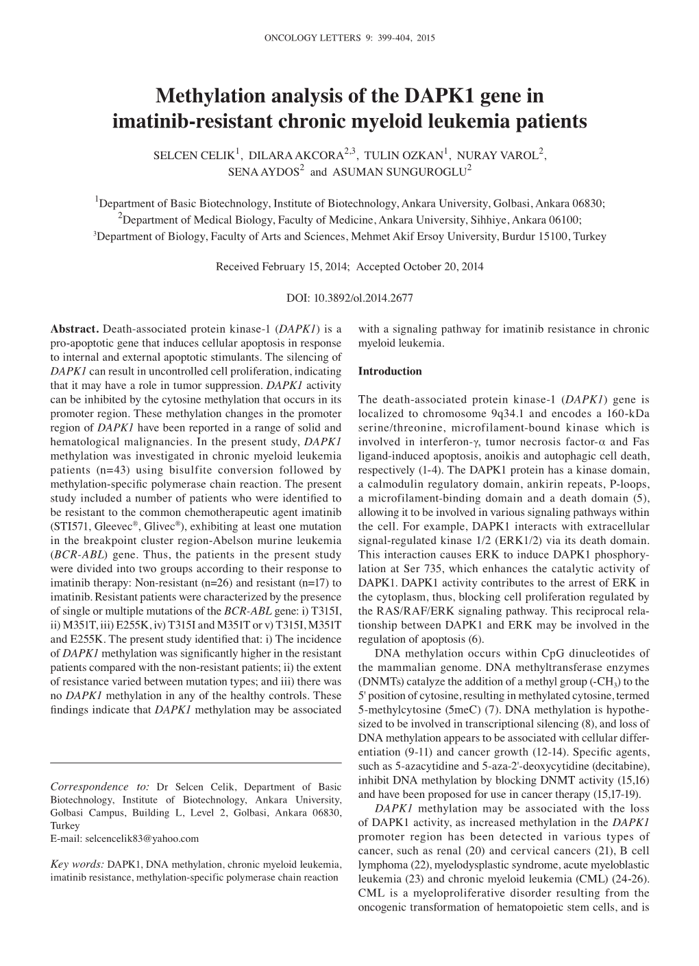 Methylation Analysis of the DAPK1 Gene in Imatinib‑Resistant Chronic Myeloid Leukemia Patients