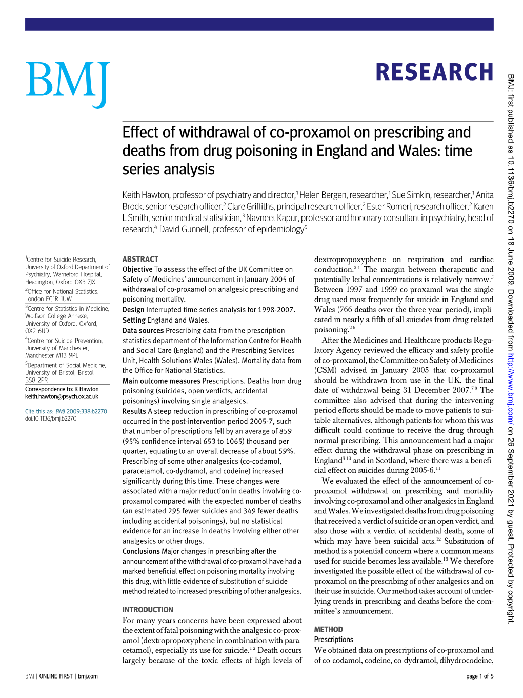 Effect of Withdrawal of Co-Proxamol on Prescribing and Deaths from Drug Poisoning in England and Wales: Time Series Analysis