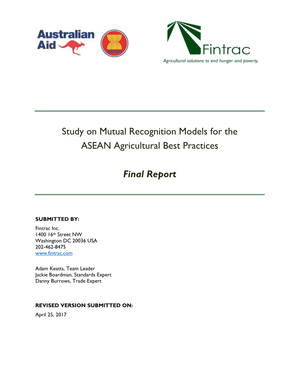 Study on Mutual Recognition Models for the ASEAN Agricultural Best Practices