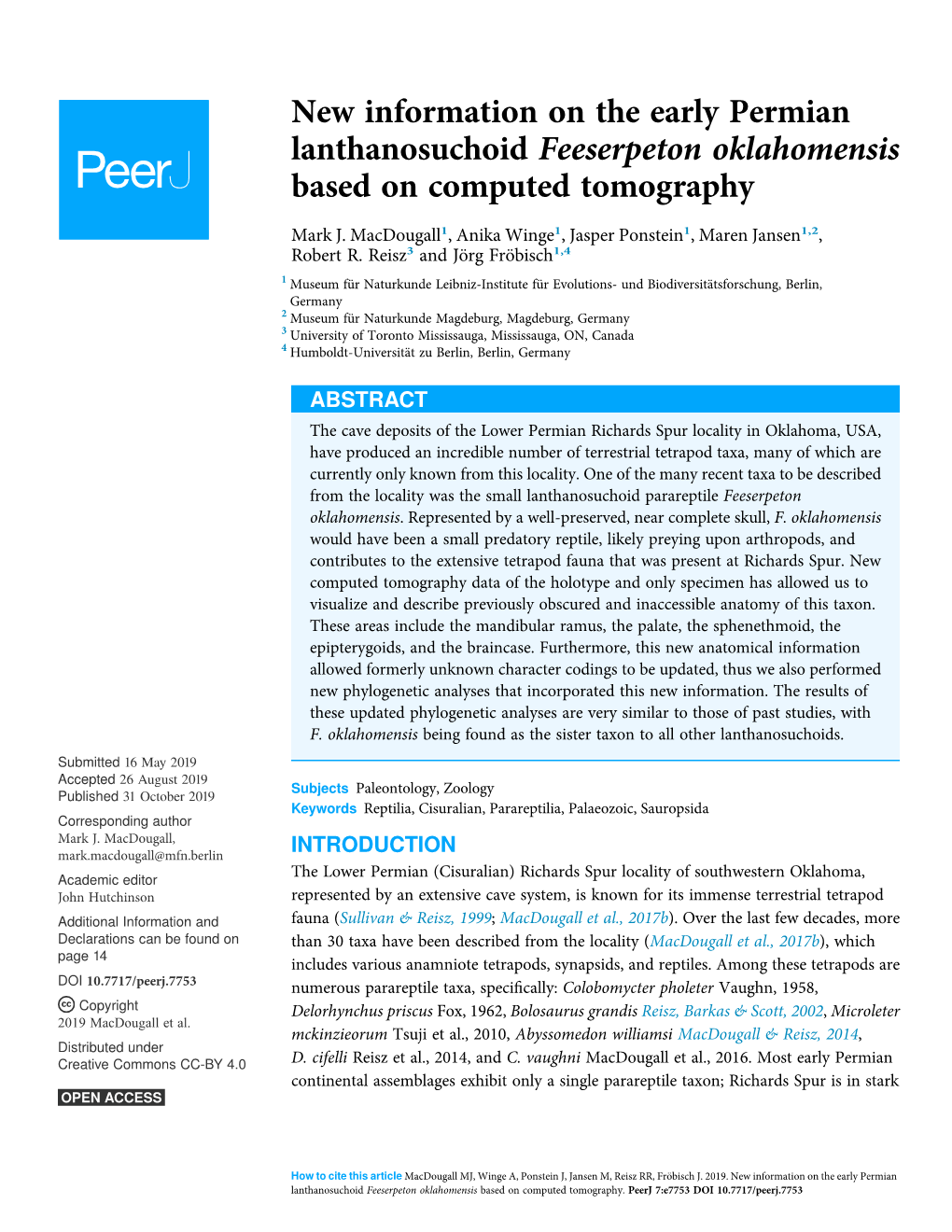 New Information on the Early Permian Lanthanosuchoid Feeserpeton Oklahomensis Based on Computed Tomography