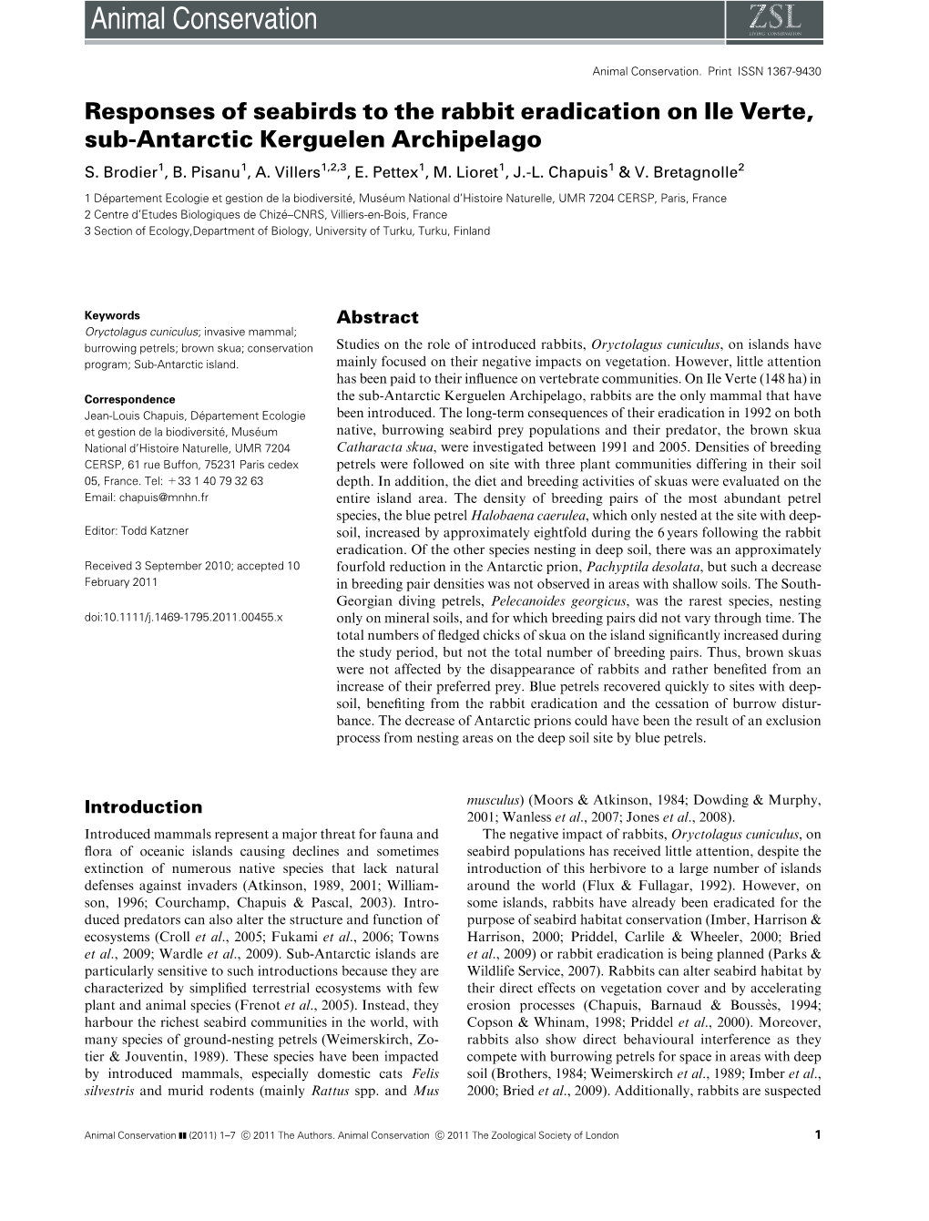 Responses of Seabirds to the Rabbit Eradication on Ile Verte, Sub-Antarctic Kerguelen Archipelago S