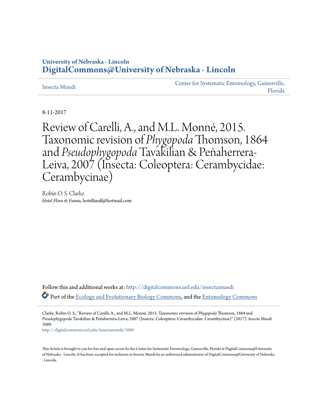 Review of Carelli, A., and ML Monné, 2015. Taxonomic Revision Of