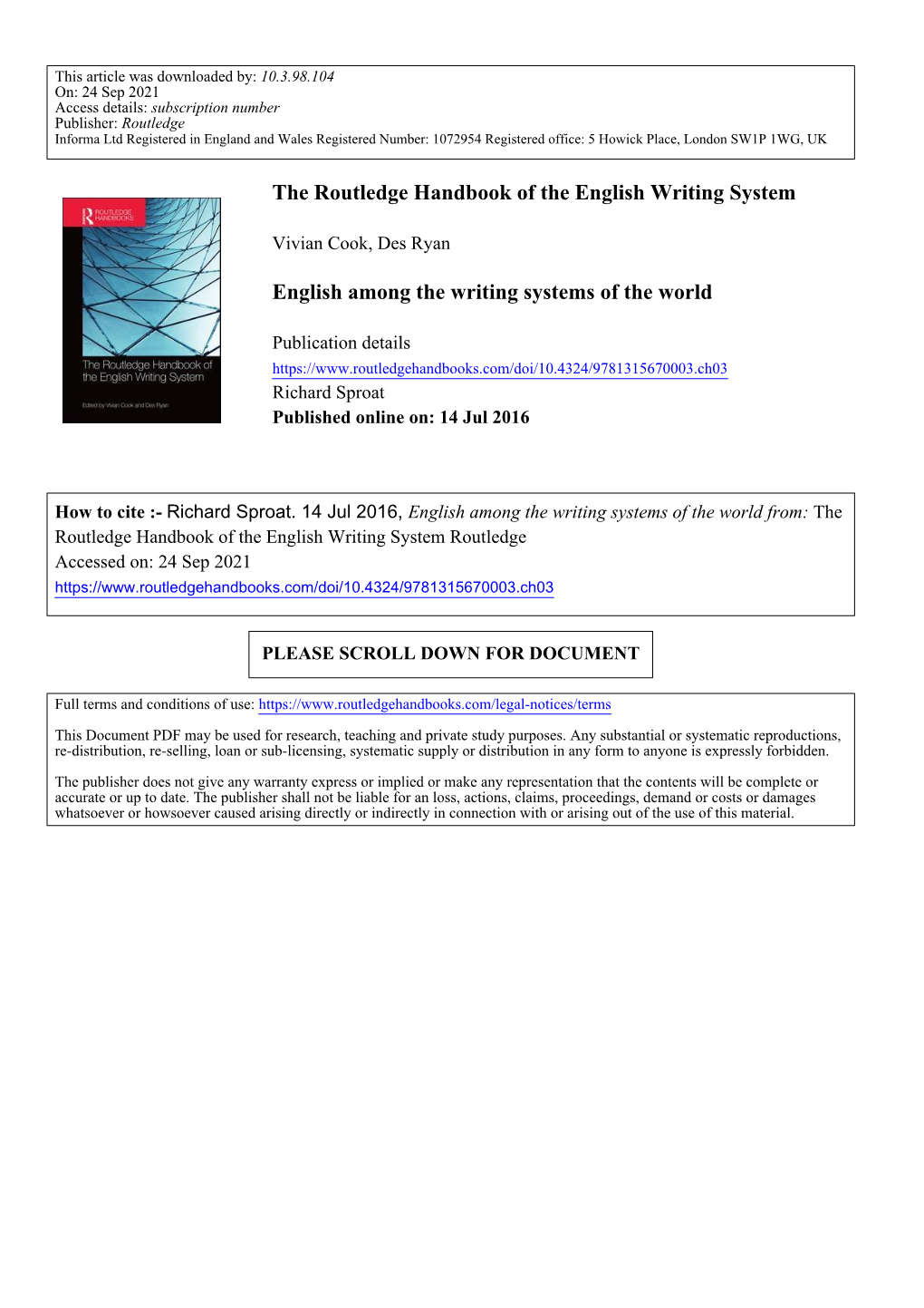 The Routledge Handbook of the English Writing System English