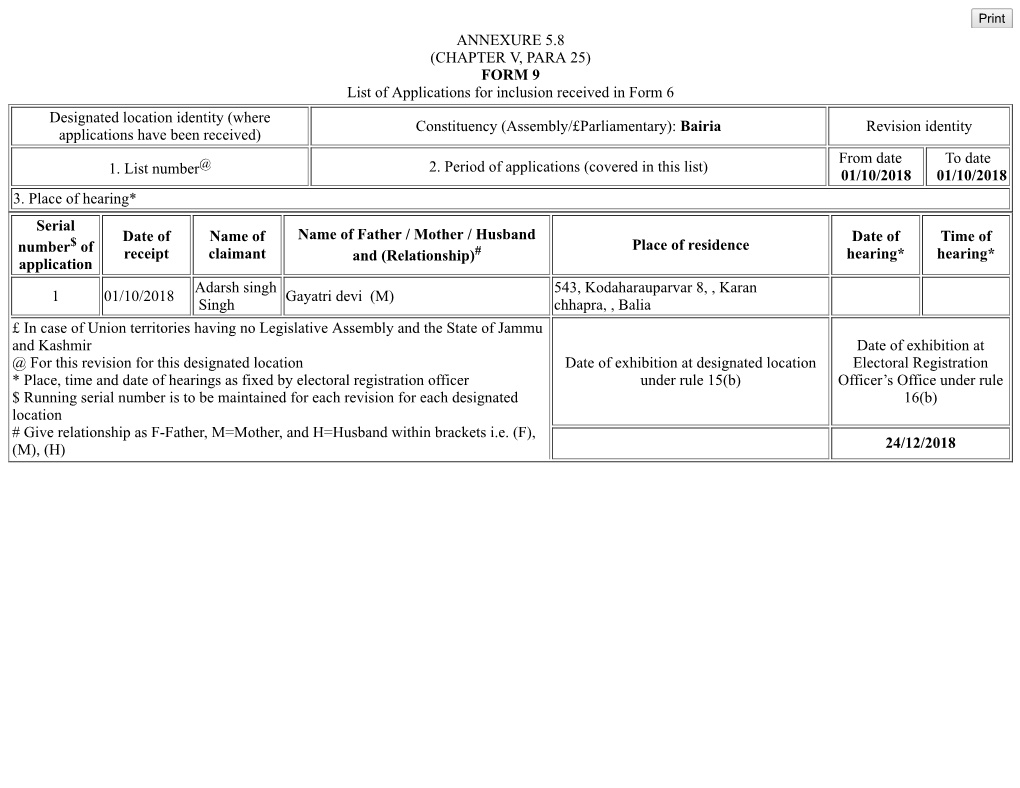 ANNEXURE 5.8 (CHAPTER V, PARA 25) FORM 9 List of Applications For