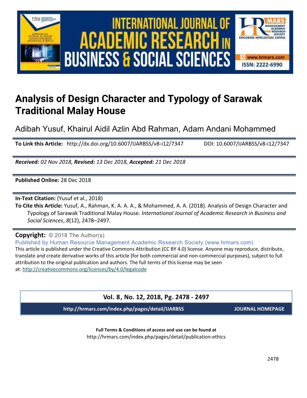 Analysis of Design Character and Typology of Sarawak Traditional Malay House