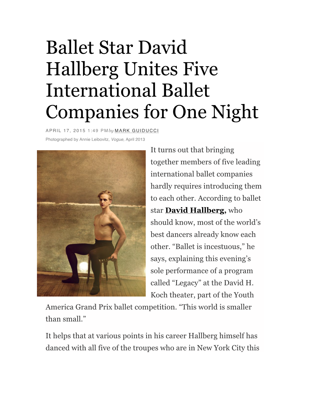 Ballet Star David Hallberg Unites Five International Ballet Companies for One Night