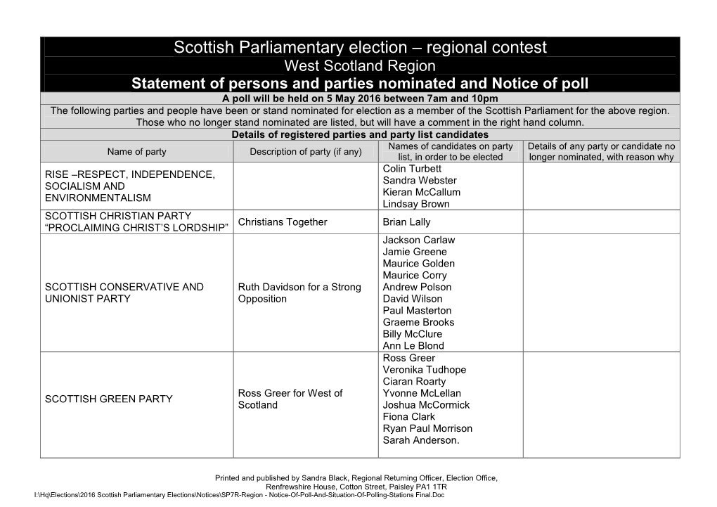 Scottish Parliamentary Election – Regional Contest