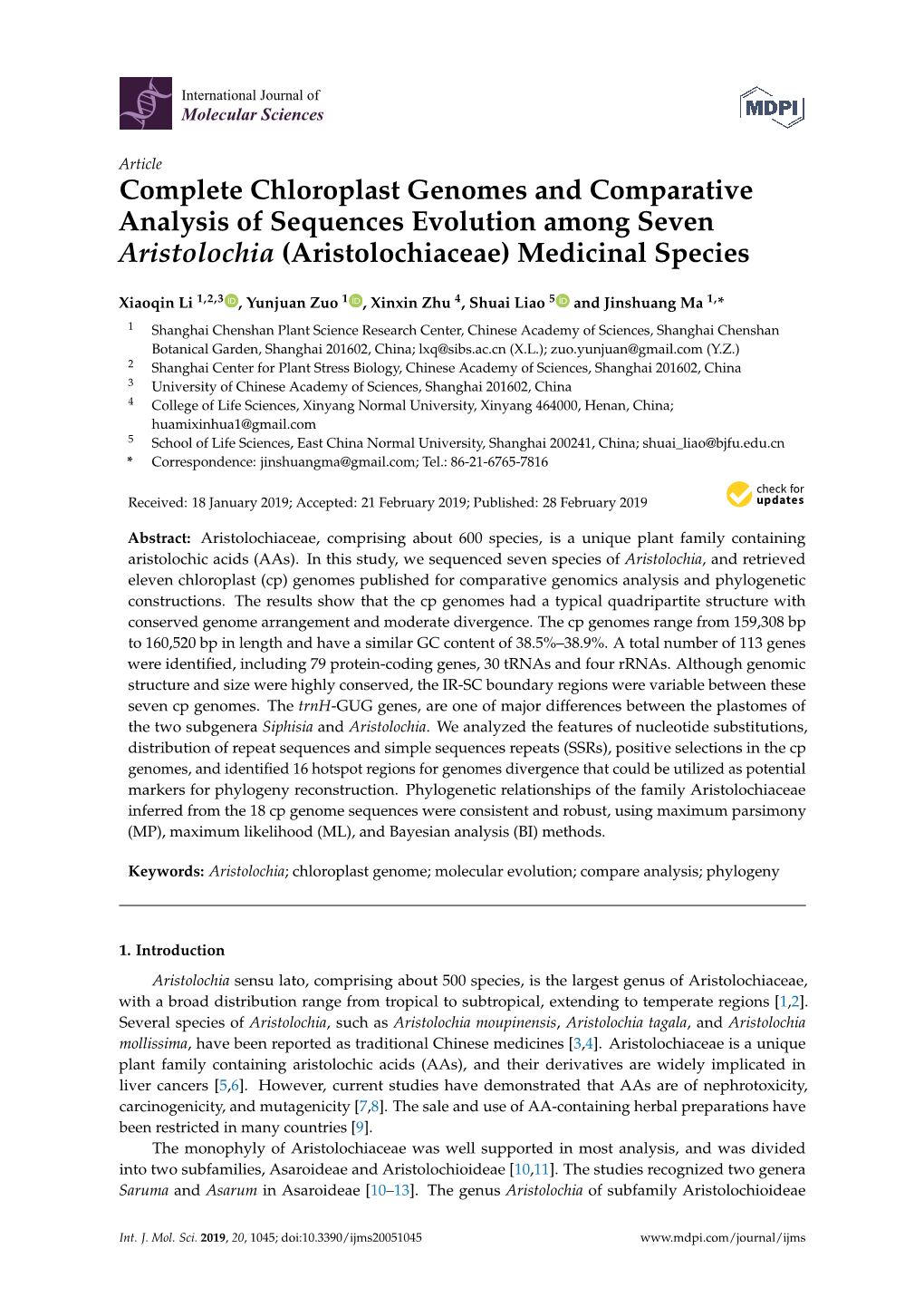 Complete Chloroplast Genomes and Comparative Analysis of Sequences Evolution Among Seven Aristolochia (Aristolochiaceae) Medicinal Species