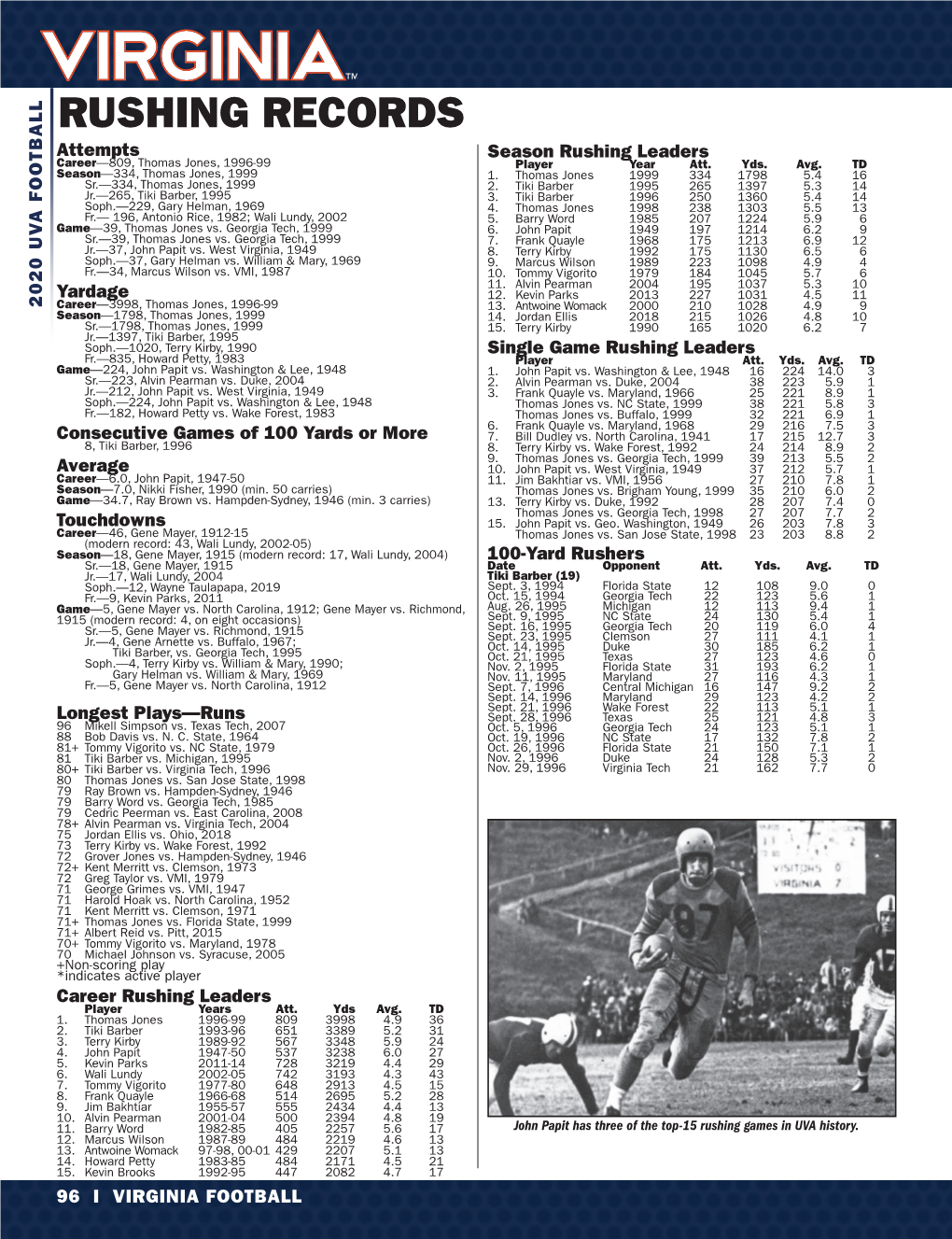 RUSHING RECORDS Attempts Season Rushing Leaders Career—809, Thomas Jones, 1996-99 Player Year Att