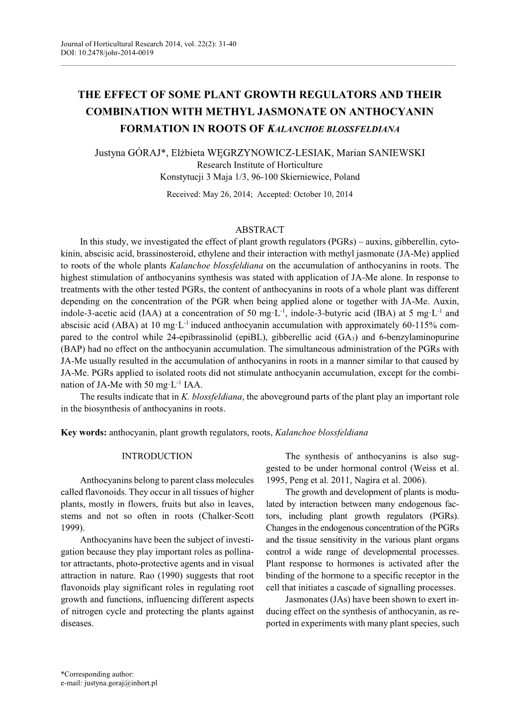 The Effect of Some Plant Growth Regulators and Their Combination with Methyl Jasmonate on Anthocyanin Formation in Roots of Kalanchoe Blossfeldiana