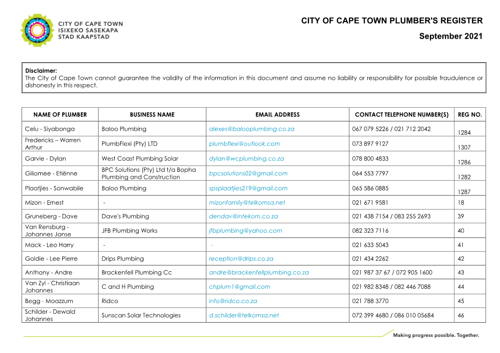 City of Cape Town Plumber's Register August 2021