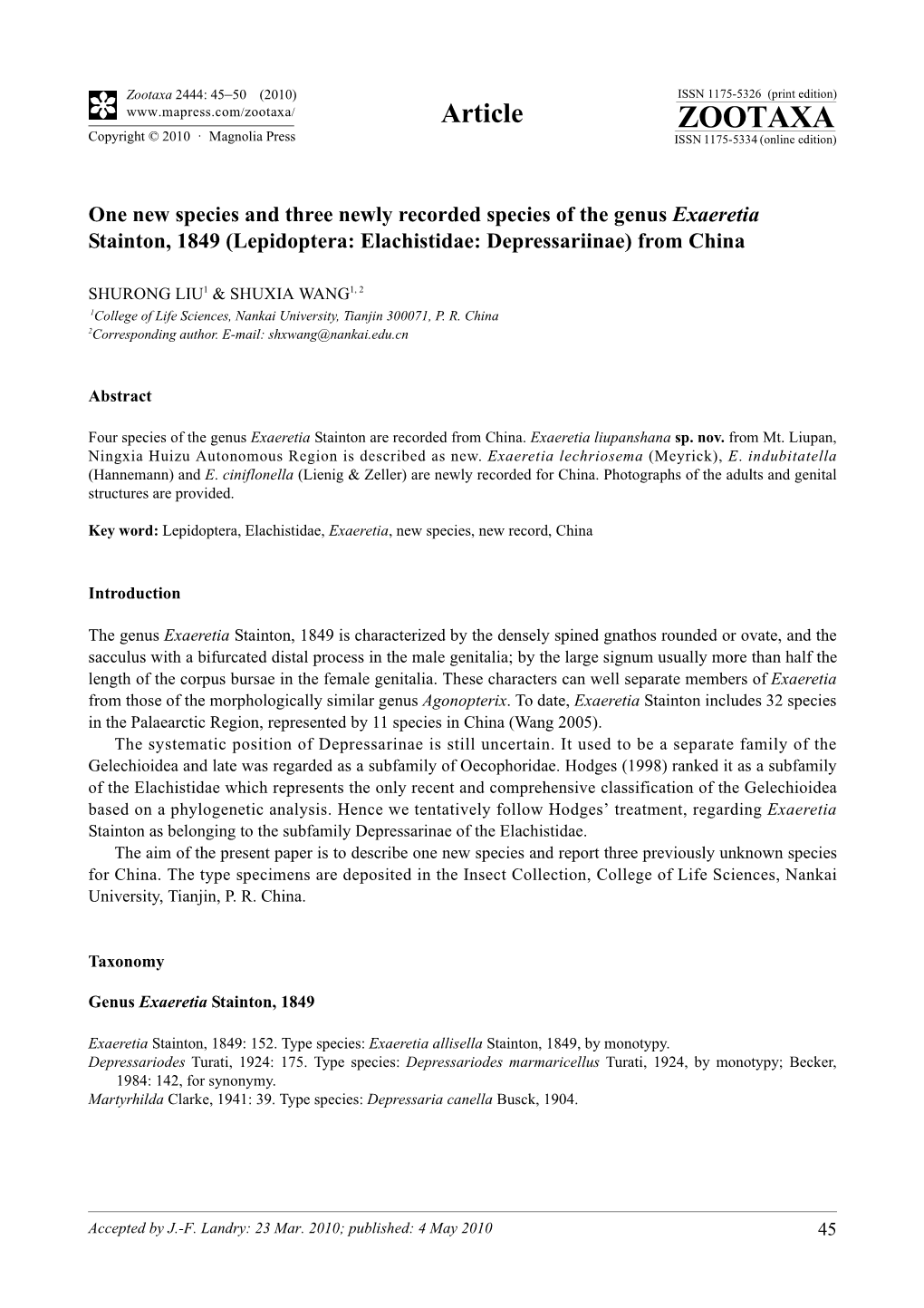 Zootaxa 2444: 45–50 (2010) ISSN 1175-5326 (Print Edition) Article ZOOTAXA Copyright © 2010 · Magnolia Press ISSN 1175-5334 (Online Edition)