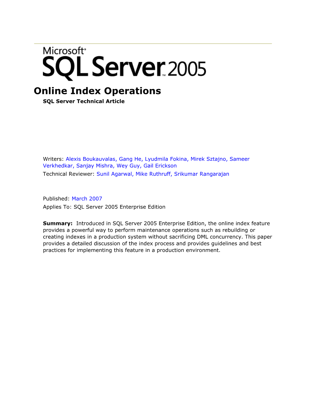 Online Index Operations SQL Server Technical Article