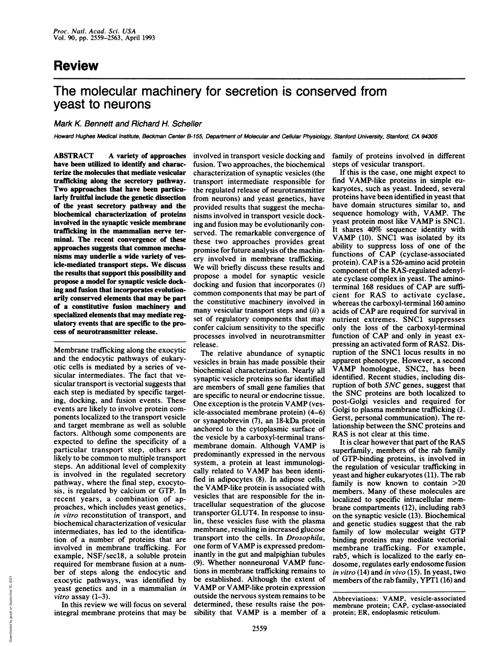 Review the Molecular Machinery for Secretion Is Conserved from Yeast to Neurons Mark K