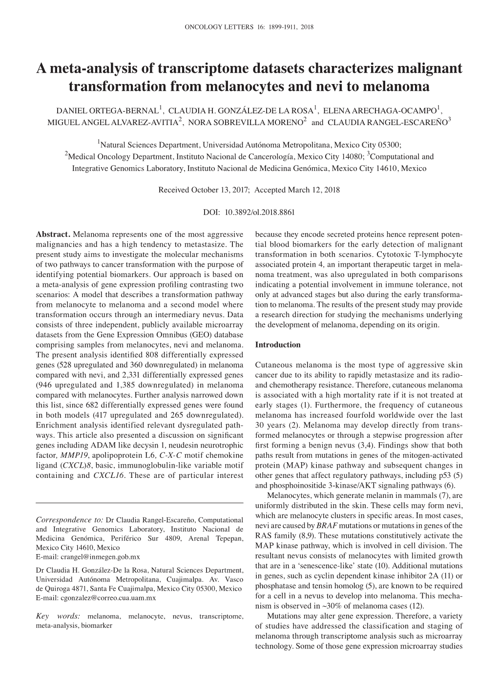 A Meta‑Analysis of Transcriptome Datasets Characterizes Malignant Transformation from Melanocytes and Nevi to Melanoma