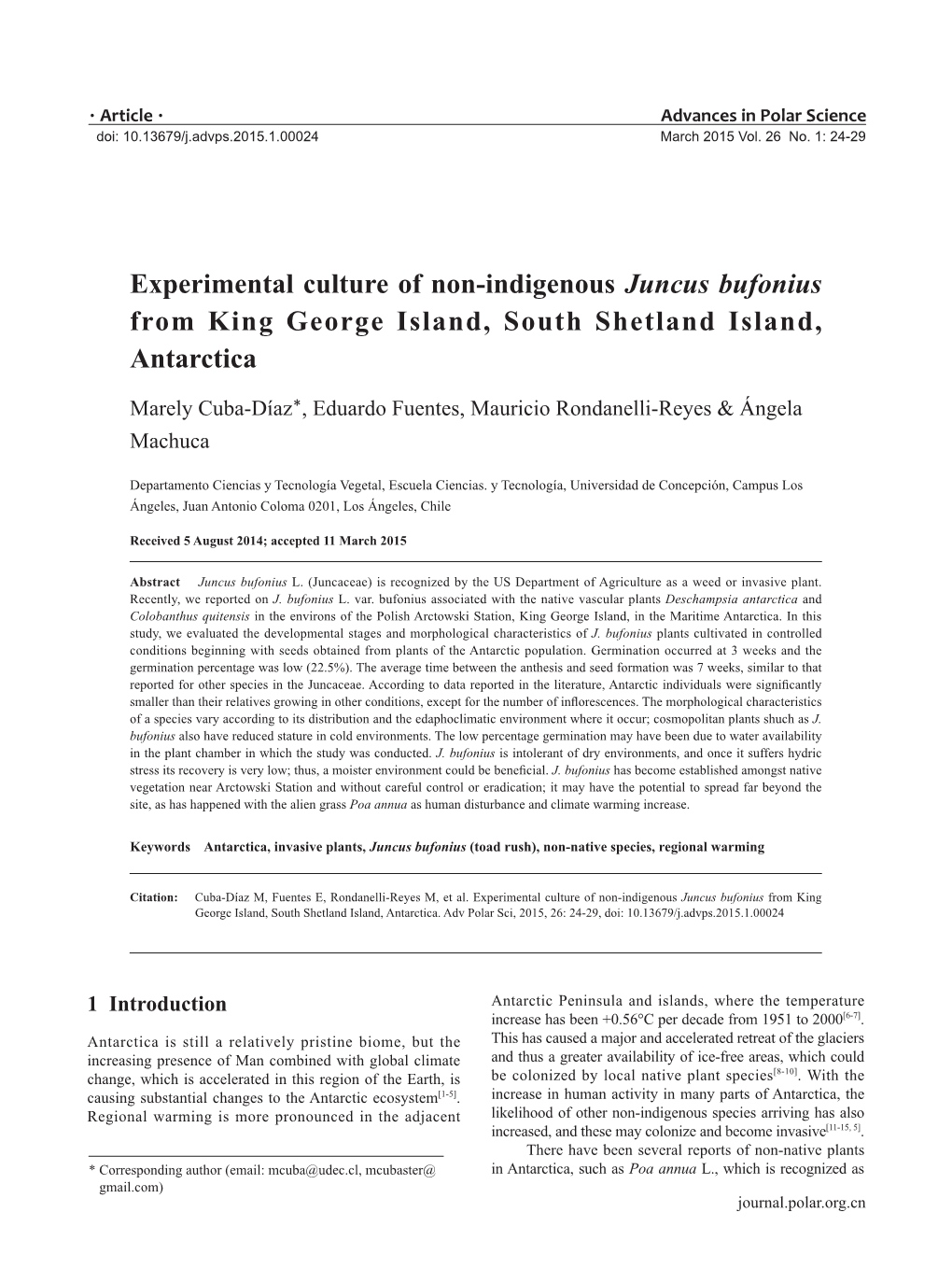 Experimental Culture of Non-Indigenous Juncus Bufonius from King George Island, South Shetland Island, Antarctica