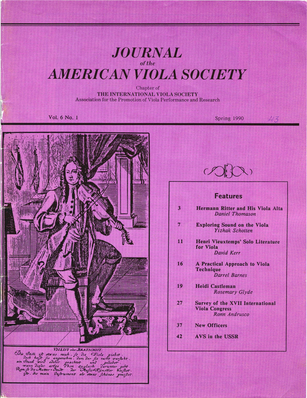 Journal of the American Viola Society Volume 6 No. 1, Spring 1990