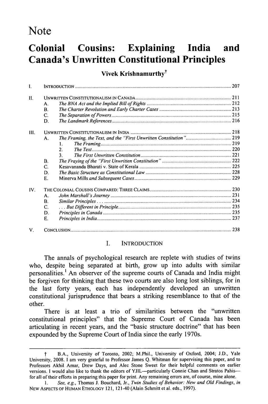 Explaining India and Canada's Unwritten Constitutional Principles T Vivek Krishnamurthy