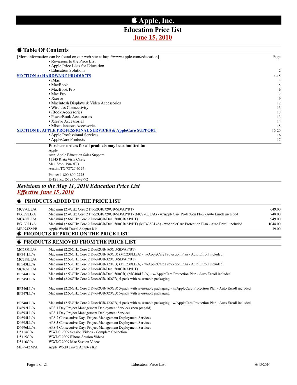 Apple, Inc. Education Price List June 15, 2010