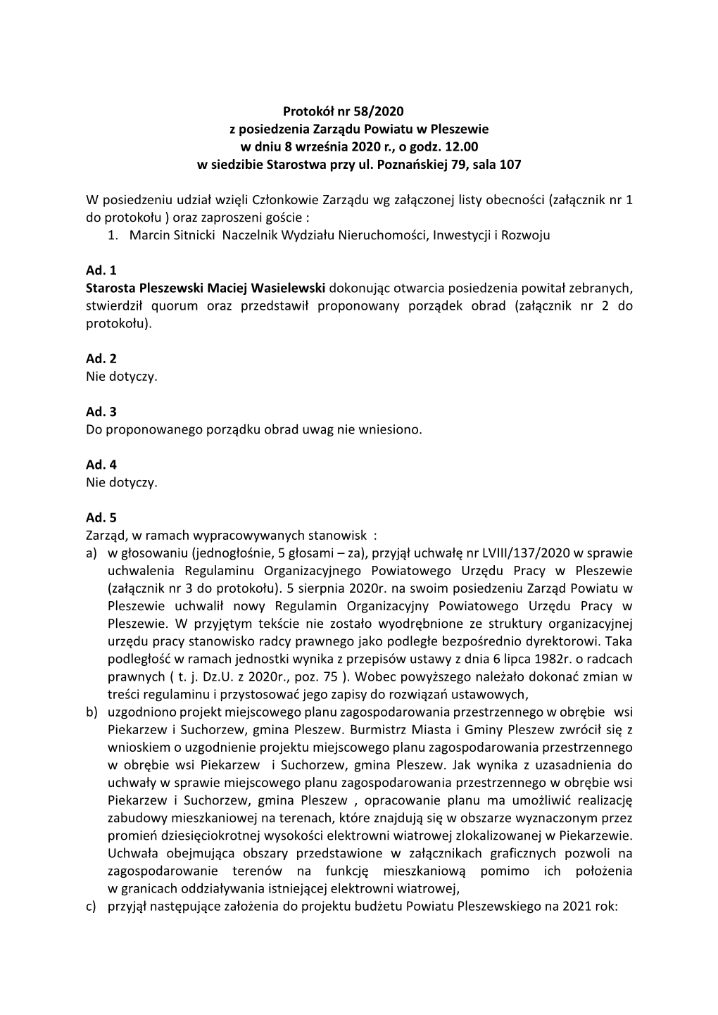 Protokół Nr 58/2020 Z Posiedzenia Zarządu Powiatu W Pleszewie W Dniu 8 Września 2020 R., O Godz