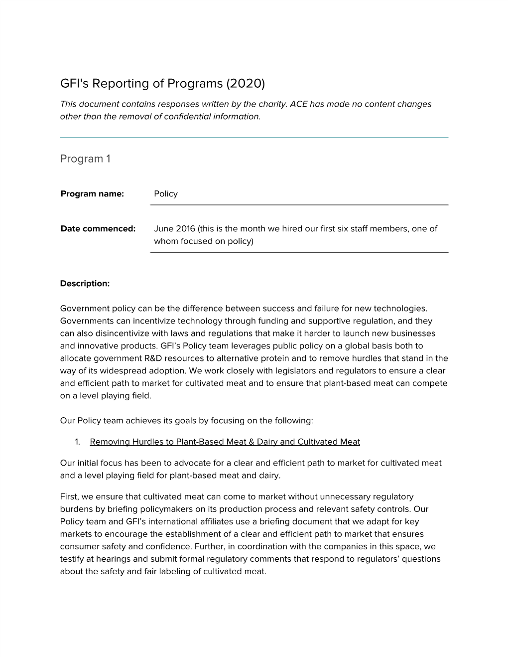 GFI's Reporting of Programs (2020) This Document Contains Responses Written by the Charity