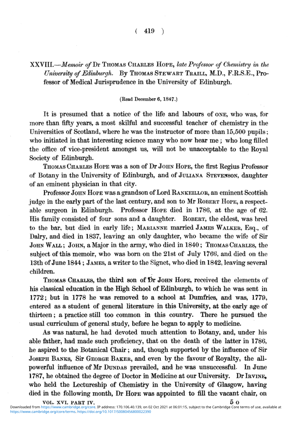 Memoir of Dr THOMAS CHARLES HOPE, Late Professor of Chemistry in the University of Edinburgh