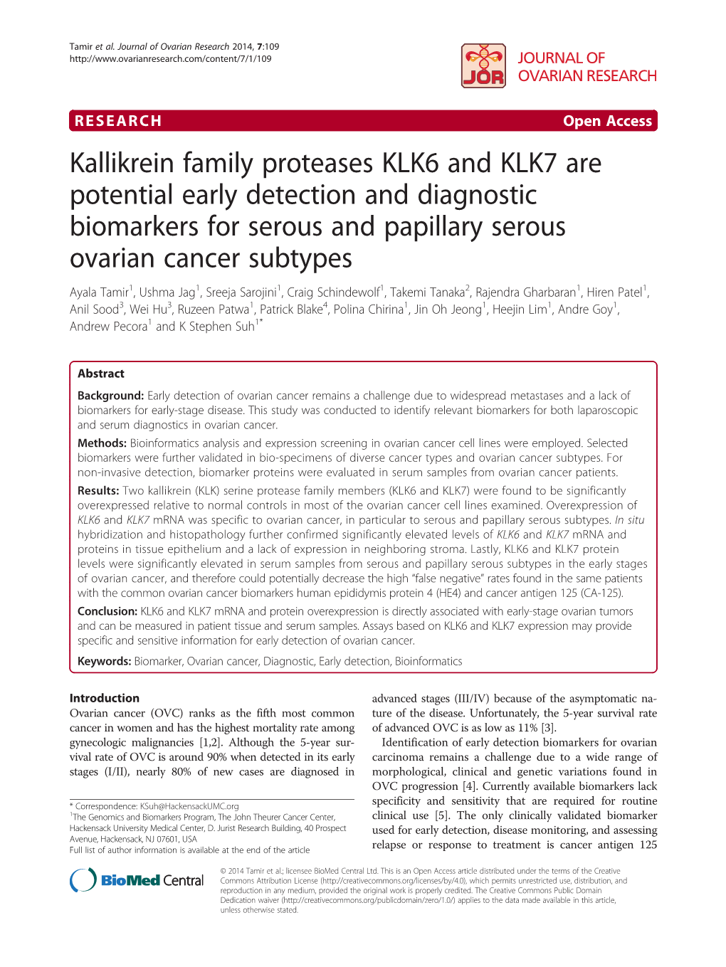 Kallikrein Family Proteases KLK6 and KLK7 Are Potential Early Detection