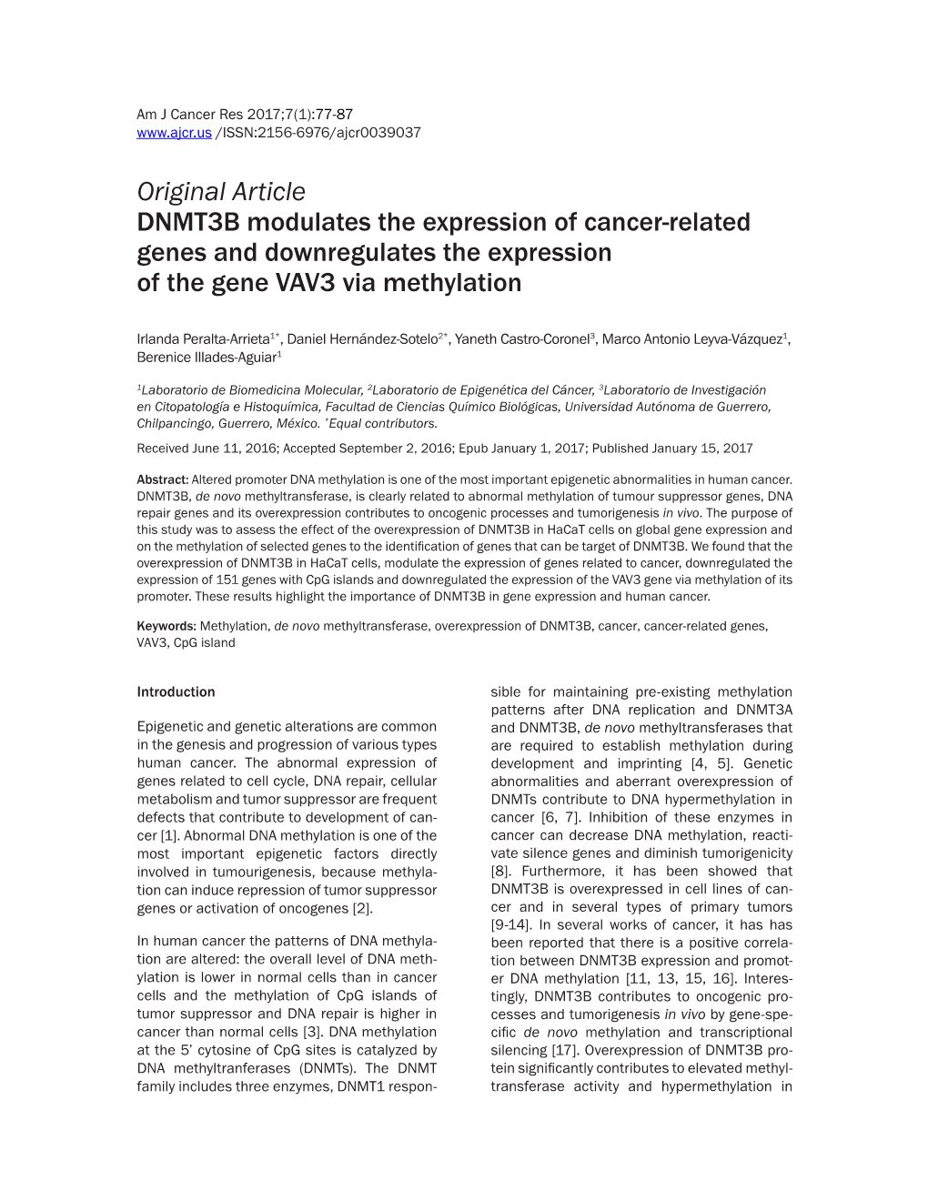 Original Article DNMT3B Modulates the Expression of Cancer-Related Genes and Downregulates the Expression of the Gene VAV3 Via Methylation