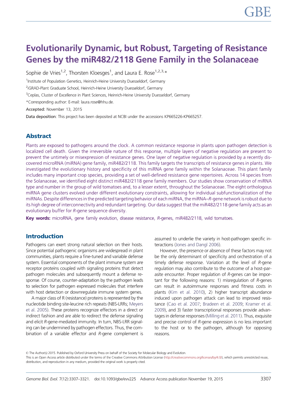 Evolutionarily Dynamic, but Robust, Targeting of Resistance Genes by the Mir482/2118 Gene Family in the Solanaceae