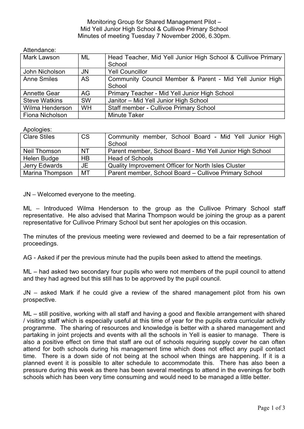 Monitoring Group for Shared Management Pilot – Mid Yell Junior High School & Cullivoe Primary School Minutes of Meeting Tuesday 7 November 2006, 6.30Pm