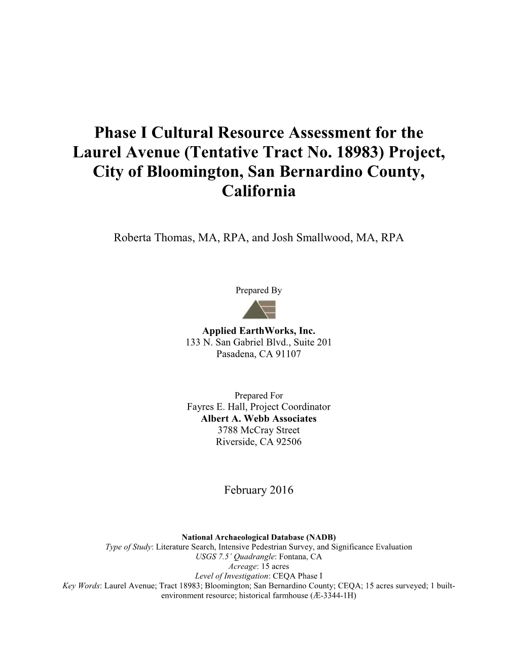 Phase I Cultural Resource Assessment for the Laurel Avenue (Tentative Tract No