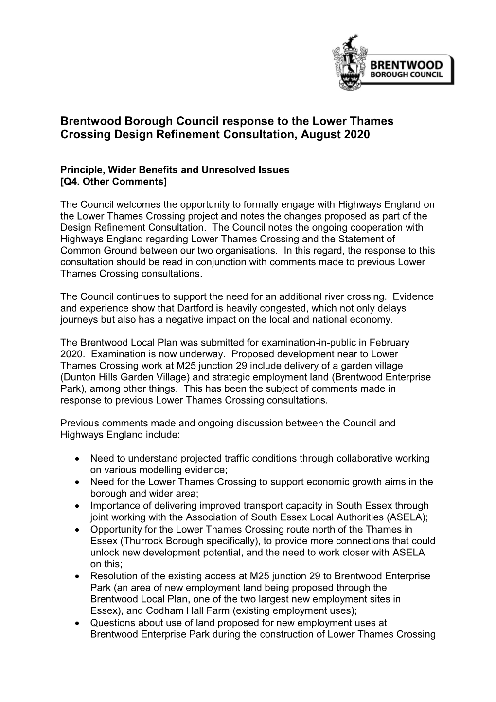 Brentwood Borough Council Response to the Lower Thames Crossing Design Refinement Consultation, August 2020