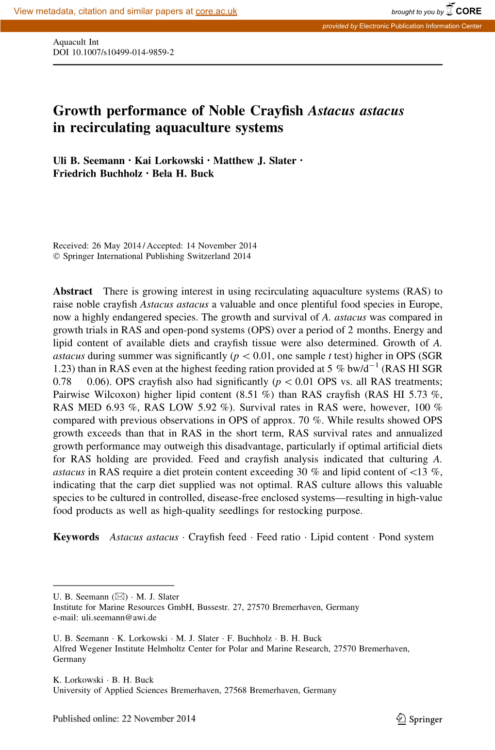 Growth Performance of Noble Crayfish Astacus Astacus in Recirculating Aquaculture Systems